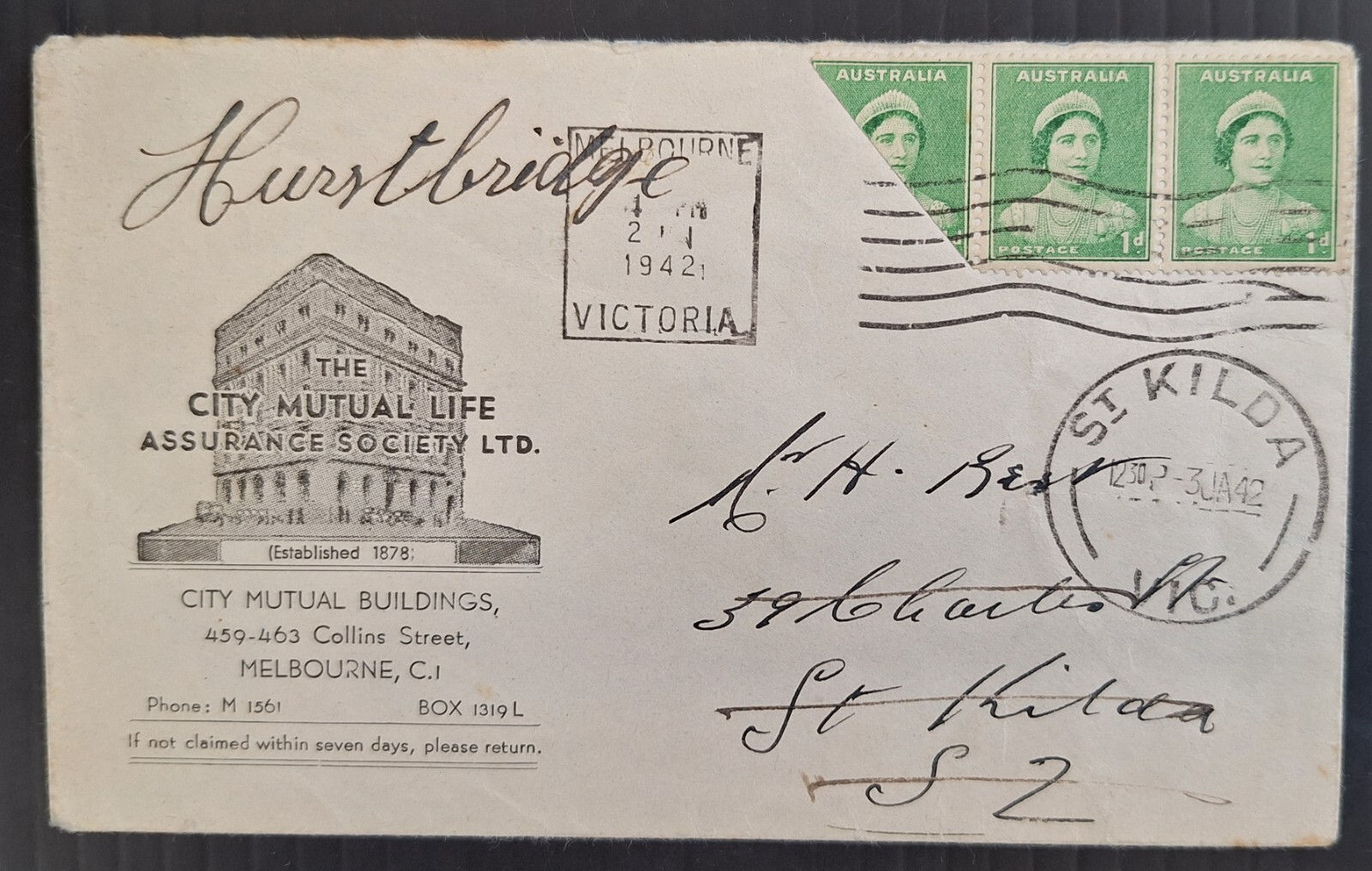 Scarce 1942 Australia Commercial Cover w Strip 3X1d QE stamps, 1 stamp Bisected