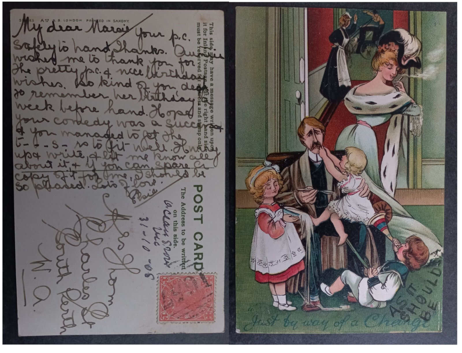 1908 Australia Victoria Postcard-Way of a Change ties 1d Stamp cd Ocean Grove