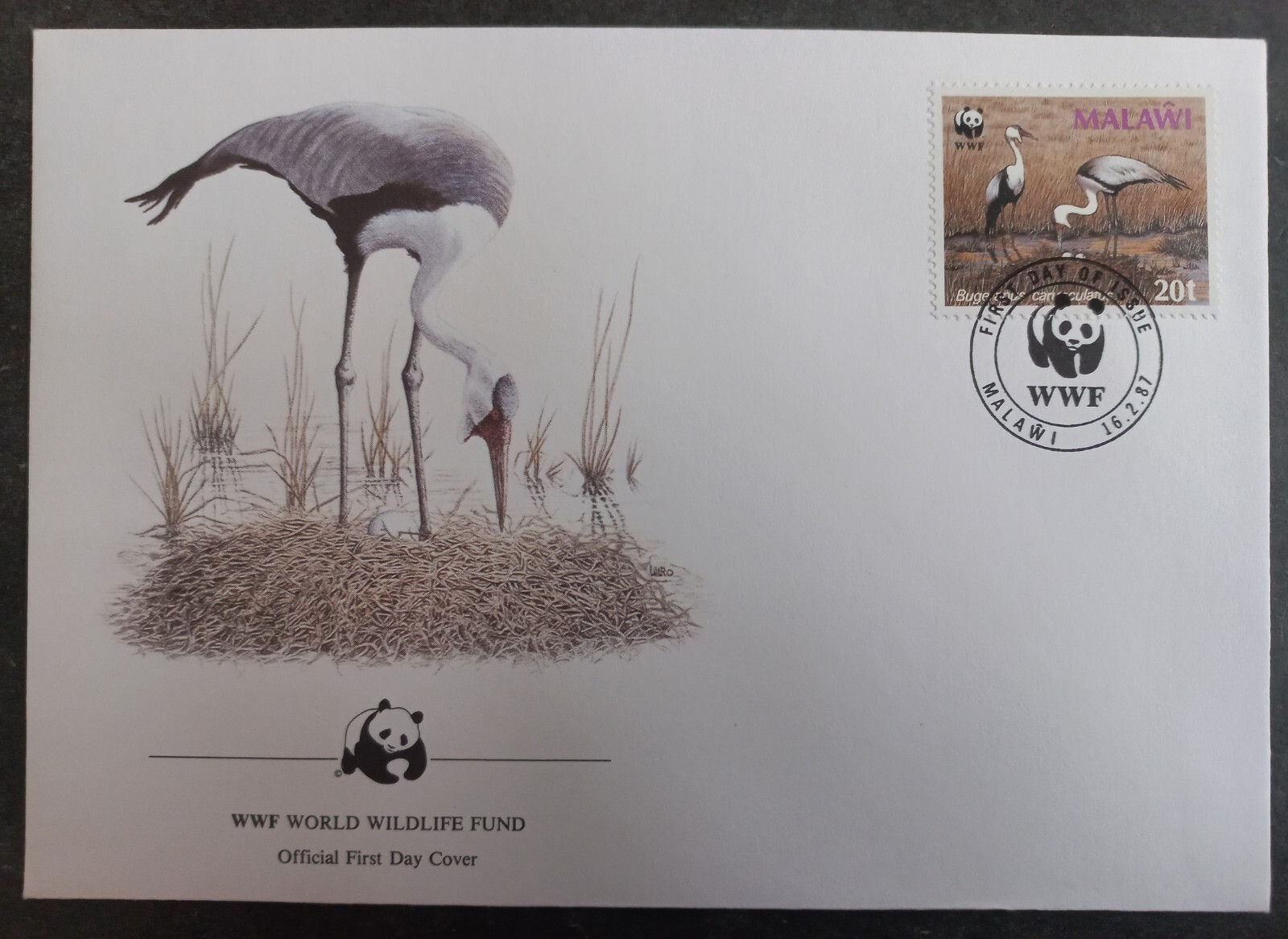 1987 Malawi World Wildlife Fund FDC ties 20t Stamp cd Malawi