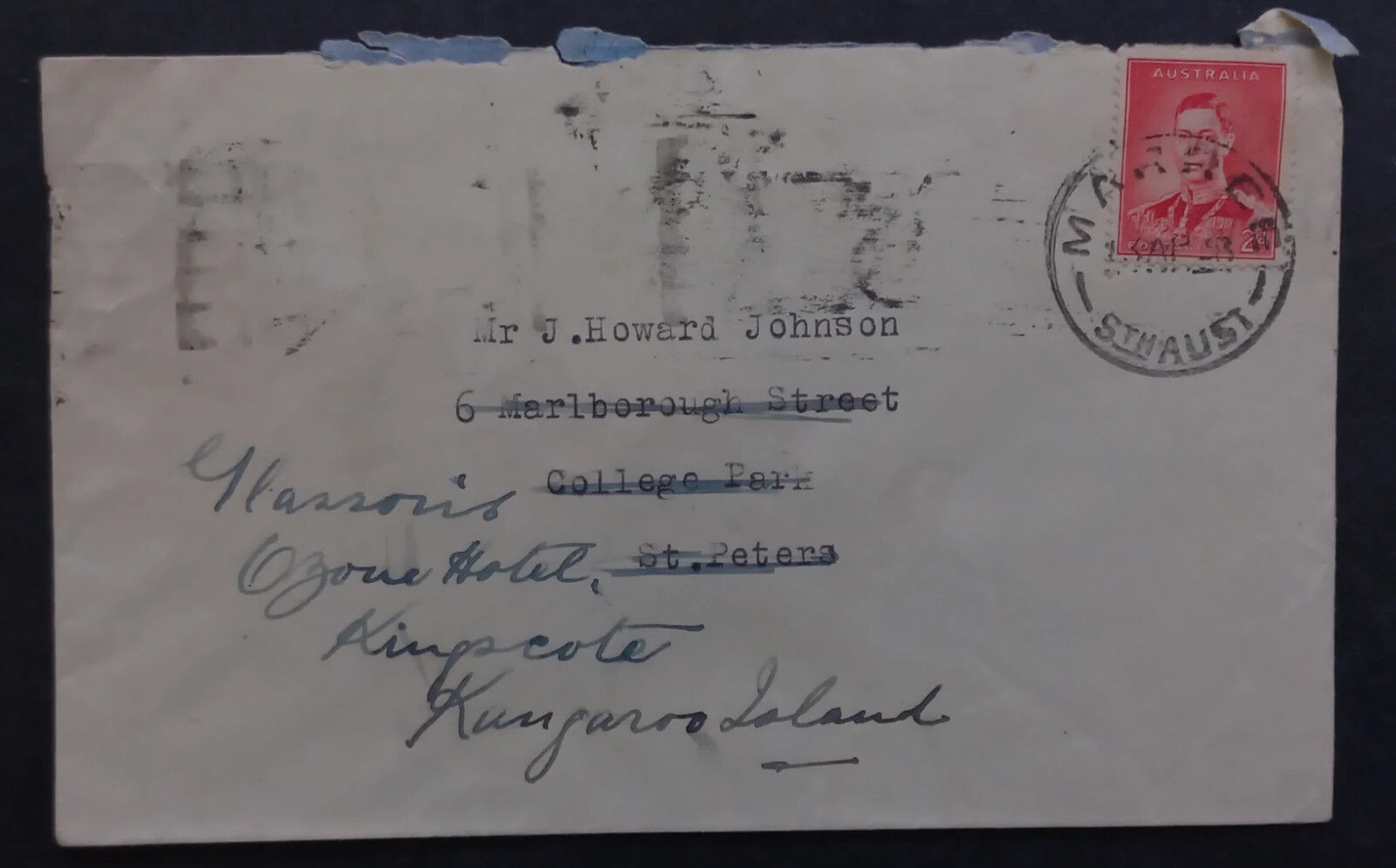 1938 Australia Cover ties 2d Scarlet KGV1 stamp MARREE to Kangaroo Island