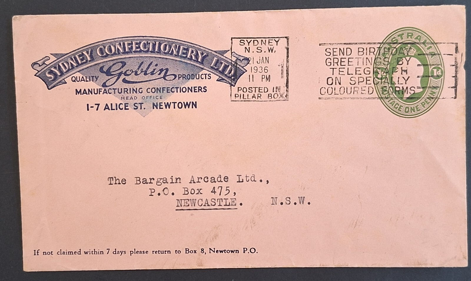 1936 Australia 1d Green KGV PrePrint Cover - Sydney Confectionery Ltd used.