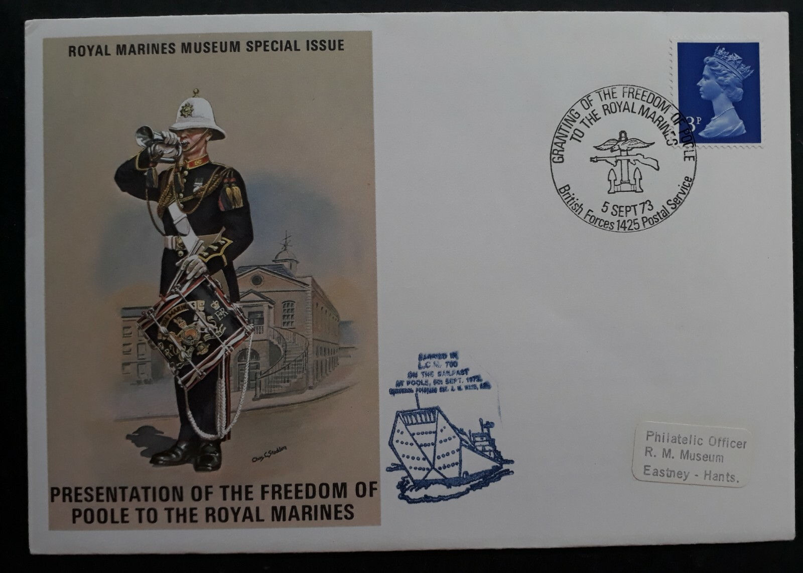 1973 Great Britain Marines Museum Cover ties 3p Stamp cd Forces P/O