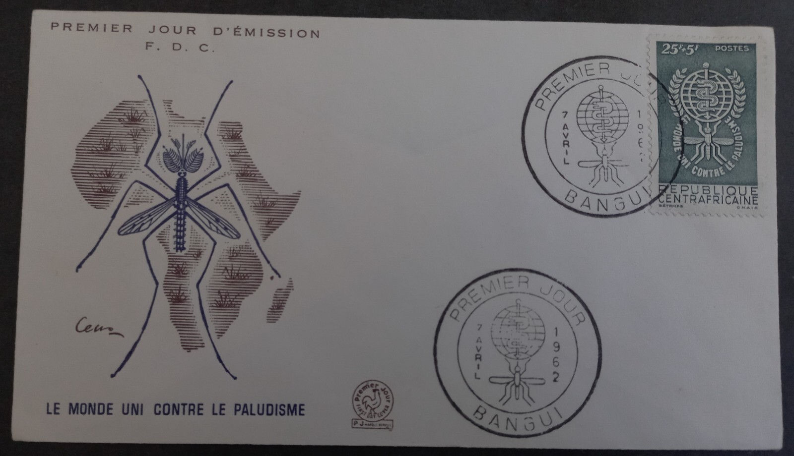 1962 Central African Rep. Malaria Eradication FDC 30fr stamp cd Bangui