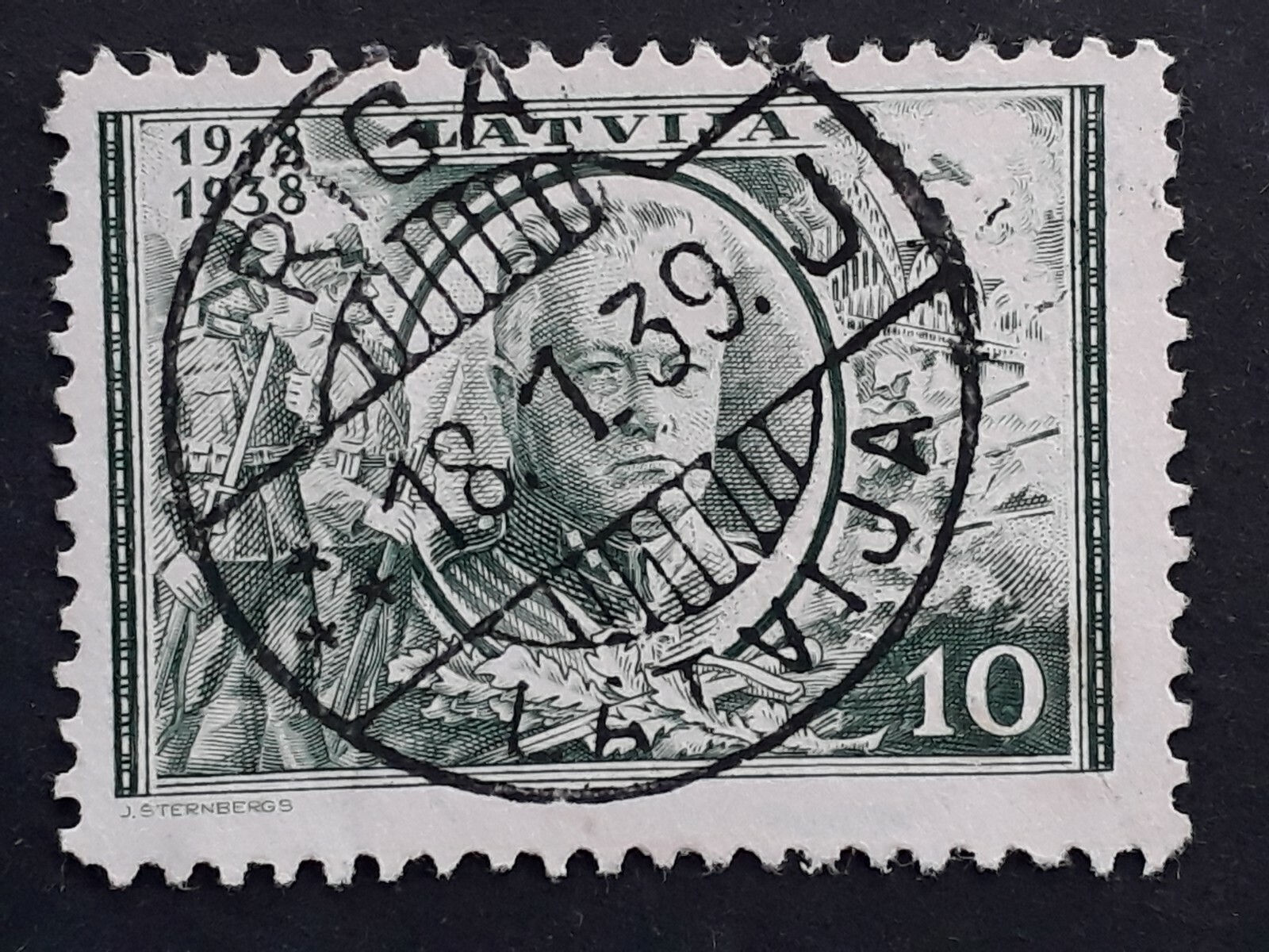 1939 Latvia 10S green 20th Anniv of Republic stamp cancelled Riga