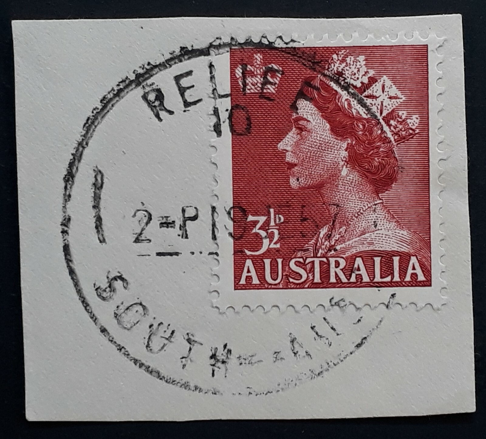 1957 Australia 3 1/2 d Brown red QE2 Stamp - RELIEF 10 SOUTH AUST Postmark