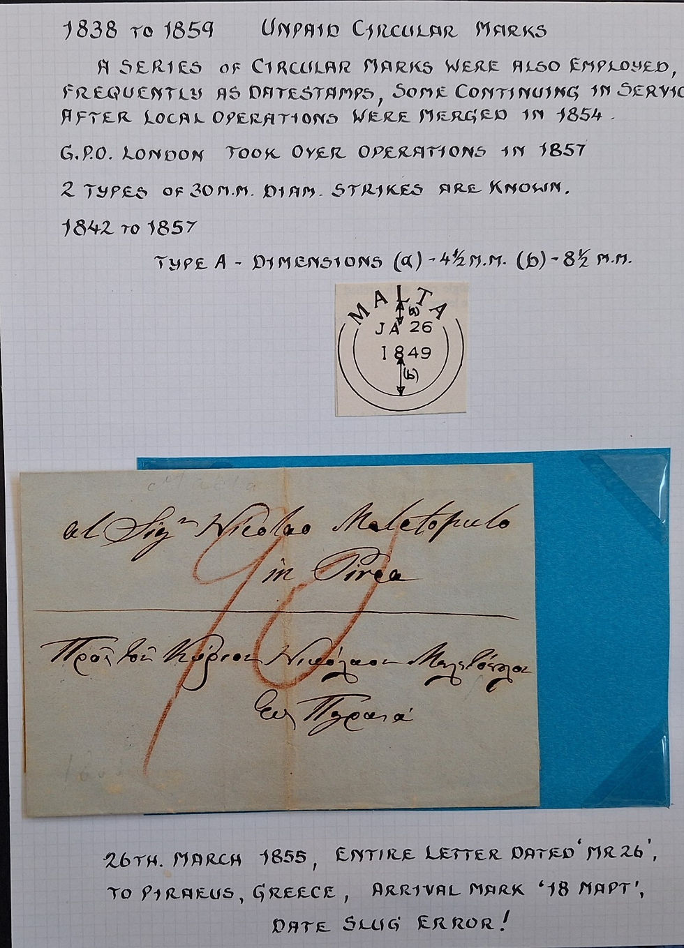 1855 Malta Folded letter sent to Piraeus Greece with arrival date slug error?