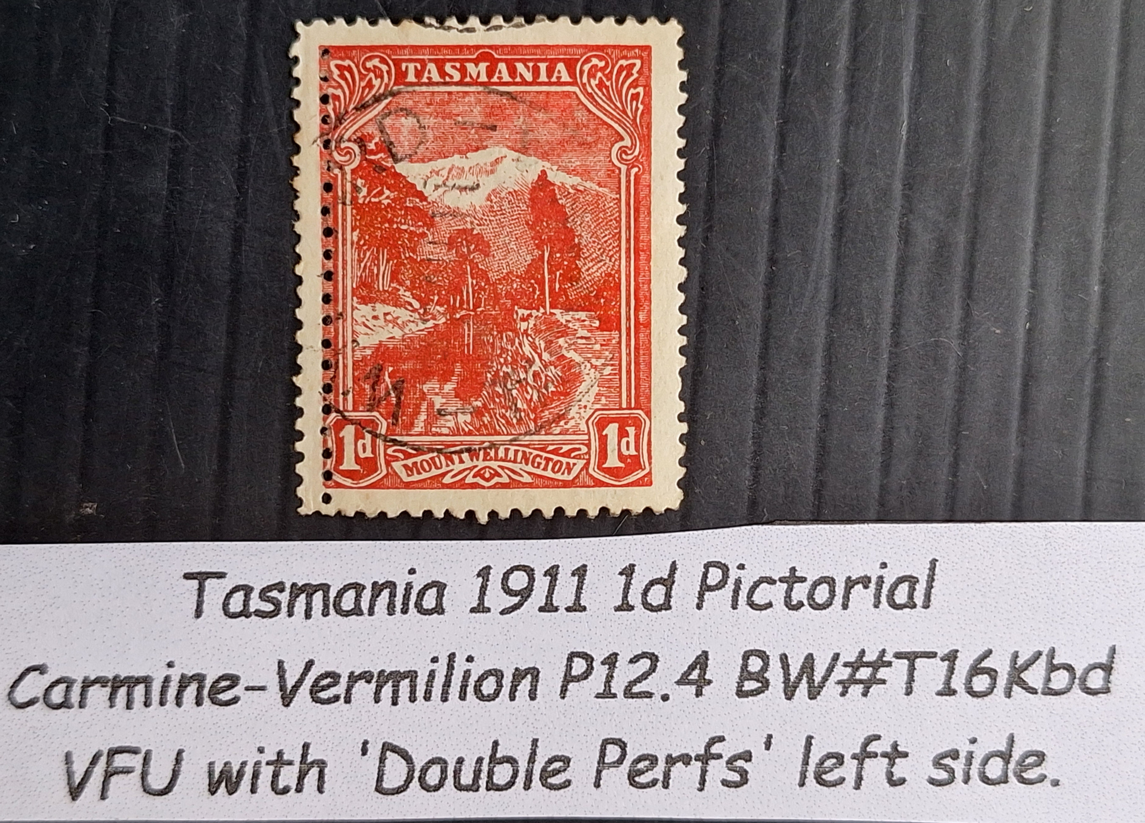 1905 Tasmania Australia 1d Carm Vermilion Pictorial stamp Used P12 1/2 Double
