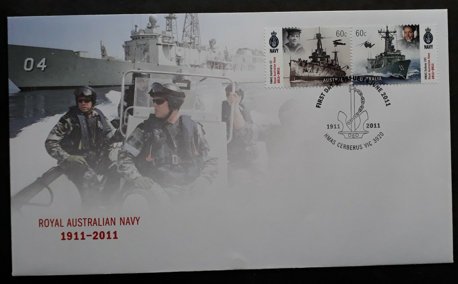 2011 Australia Royal Navy Anniv FDC ties 2 stamps cd HMAS Cerberus