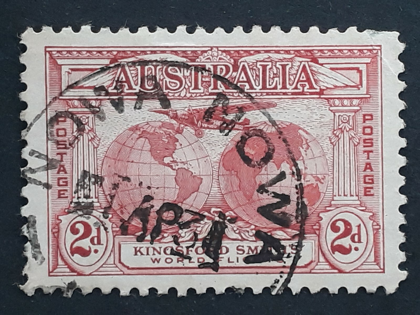 1931 Australia 2d Rose Red Kingsford Smith Stamp- NOWA NOWA VIC Postmark