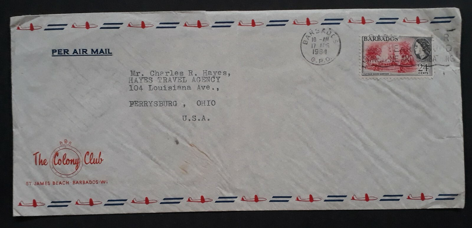 1964 Barbados Colony Club Air Mail Cover ties 24c Stamp cd GPO Barbados