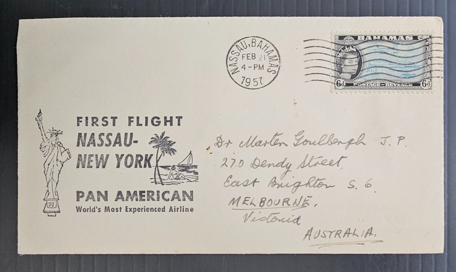 1957 Bahamas 1st Pan American Flight Nassau- NYC Cover 6d stamp to Australia