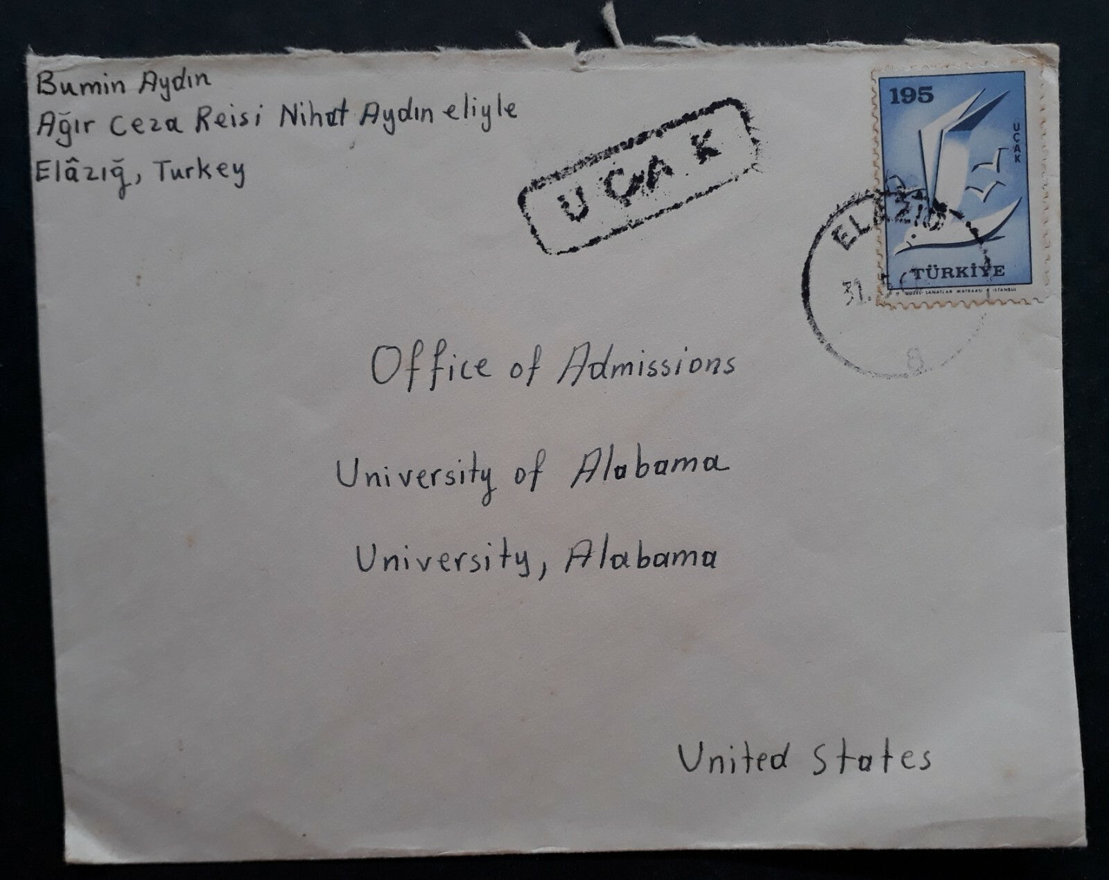 c. 1959 Turkey Cover ties 195K stamp cd Elazig to University of Alabama
