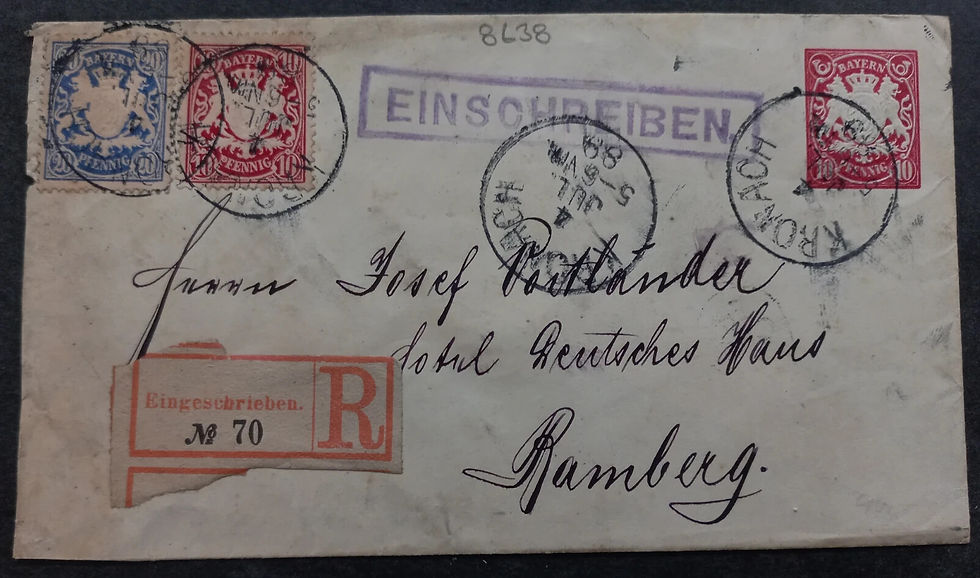 RARE 1889 Bavaria Stamped Registd cover uprated w 2 stamps canc Kronach