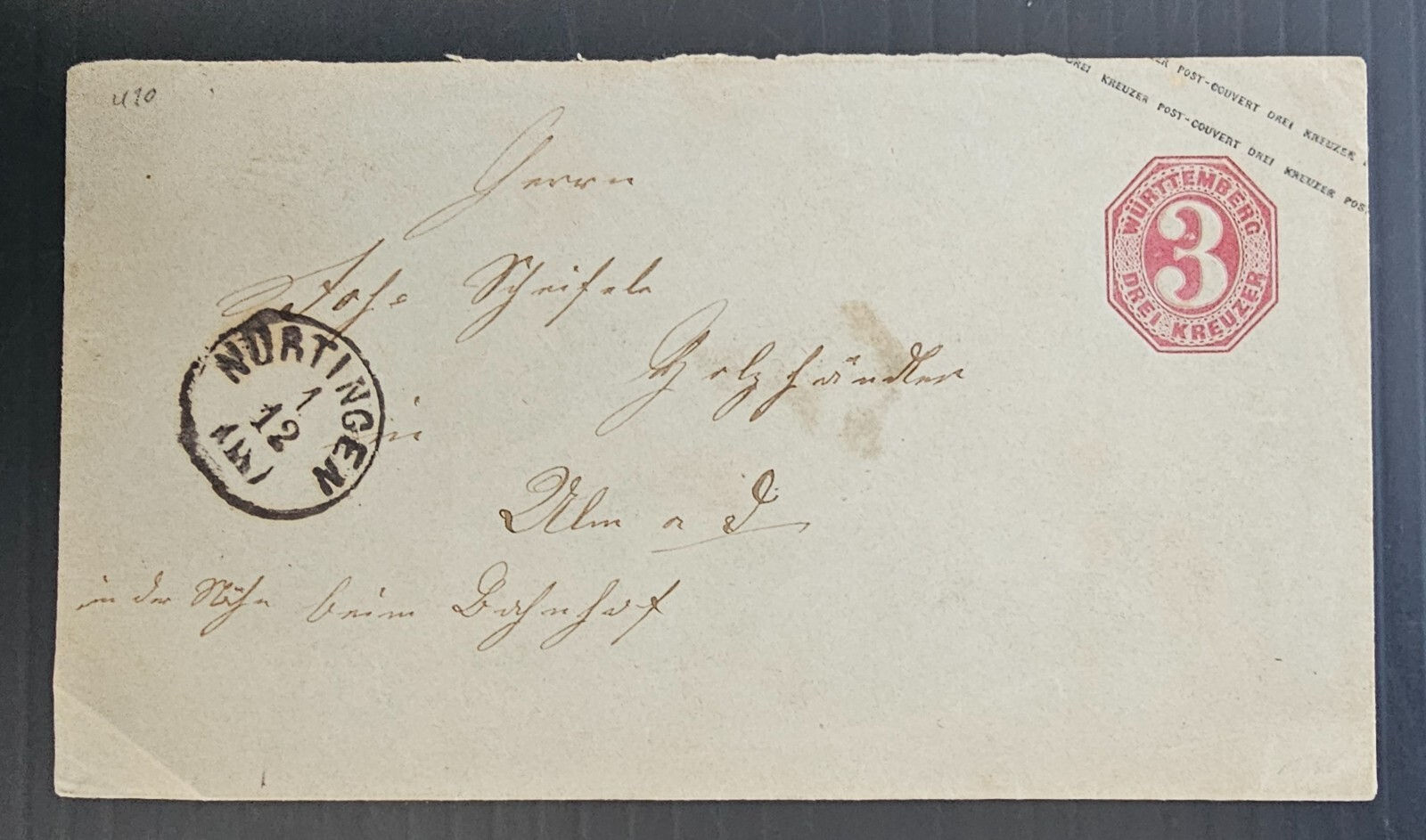 c. 1870s Germany (Wurttemberg) 3Kr Stamped Cover cd Nurtingen-Ulm