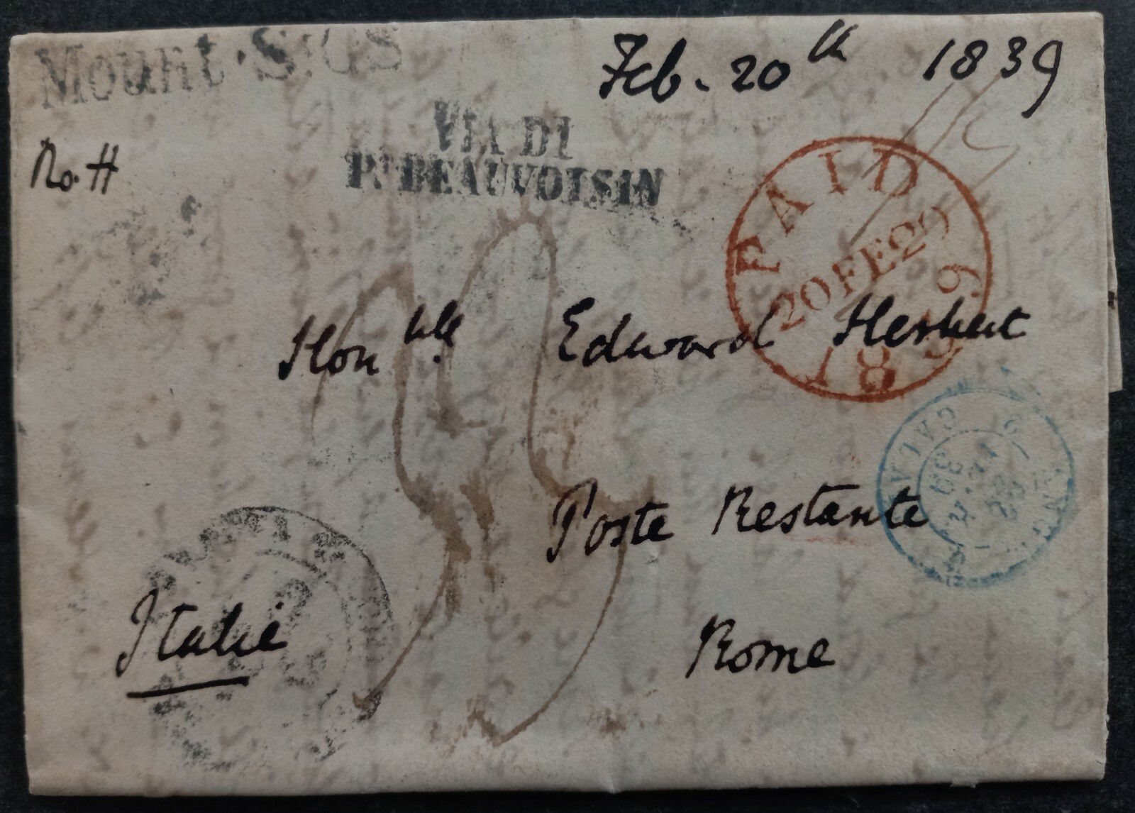 1839 Great Britain Folded Letter sent from London to Rome "Via di Pt Beauvoisin"