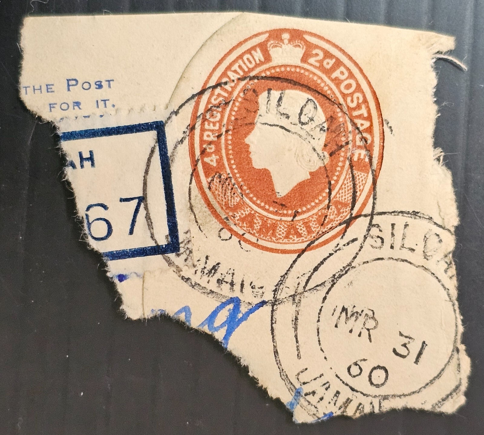 1960 Jamaica Preprinted 2d stamp on piece cd Siloah