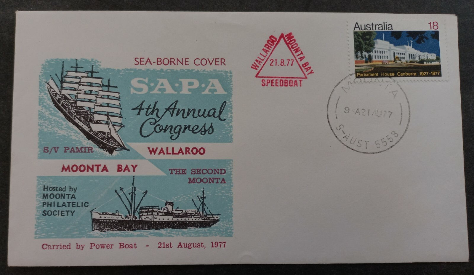 1977 Australia SAPA 4th Congress Cover ties 18c Stamp cd Moonta