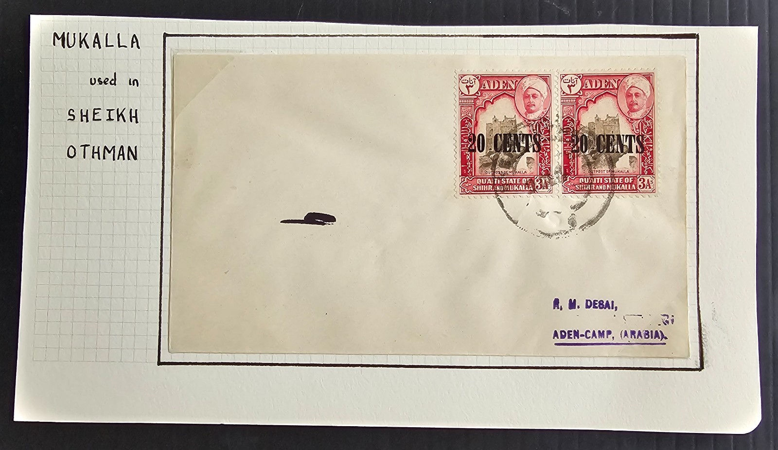 c. 1951 Aden (Mukalla) Cover ties 2 Stamps cd Sheik Othman-Aden Camp
