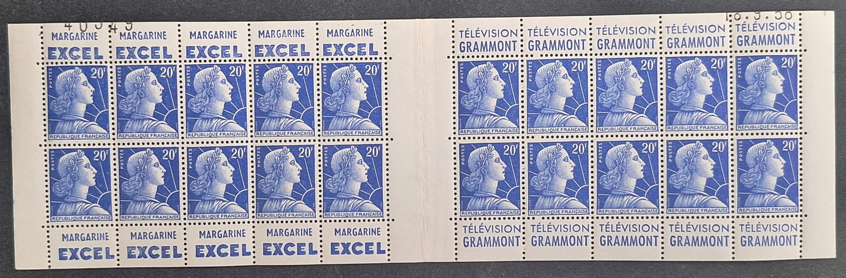 1958 France booklet strip 20x20Fr blue Marianne stamps w advert strips &plate no