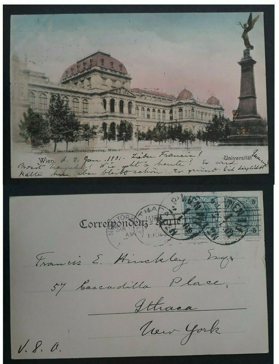 1901 Austria Postcard " Vienna University" ties 2 stamps to New York