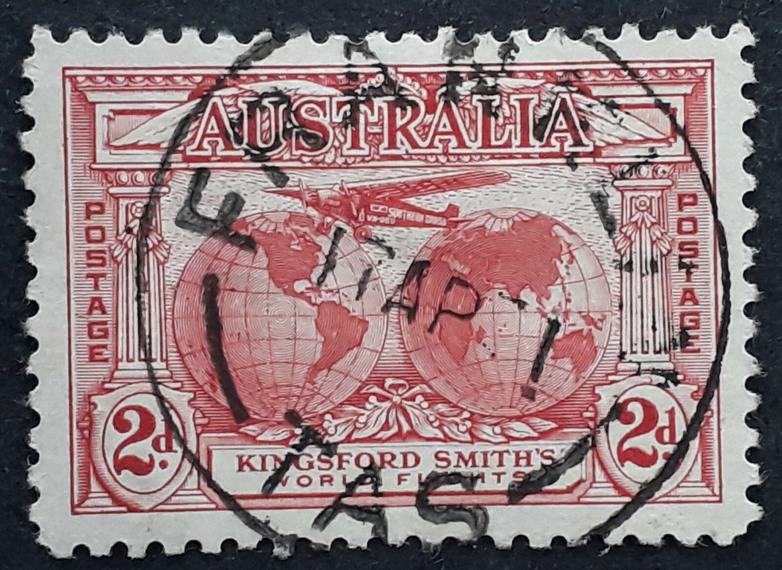 1931 Australia 2d Rose Red Kingsford Smith's Flight Stamp FRANKLIN TAS Postmark