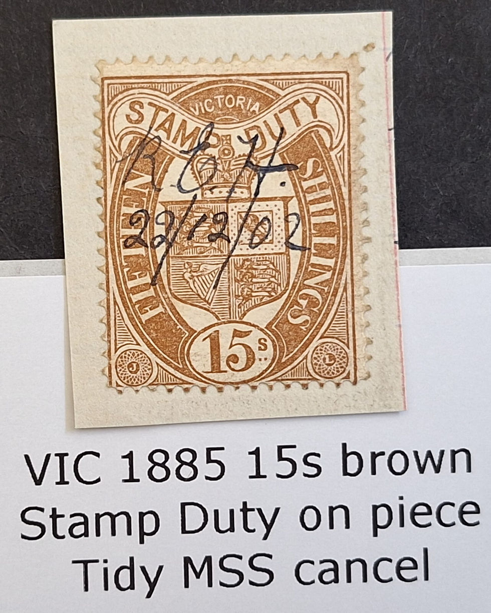 1895- Victoria Australia 15/- Brown Stamp Duty stamp P12 1/2 used on piece