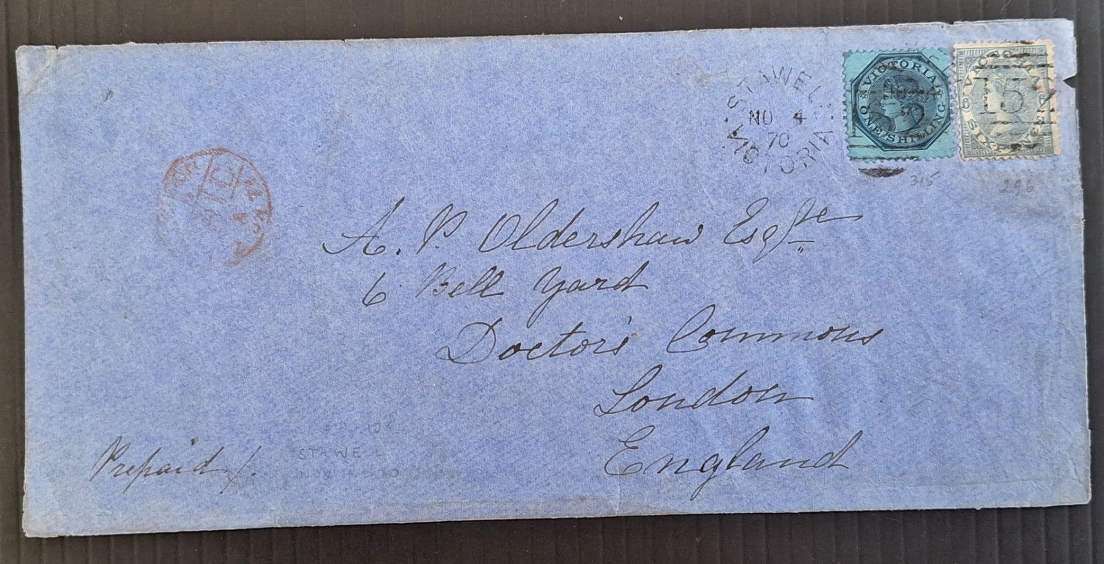 1870 Victoria Australia Prepaid cover w 1/- Blue/Blue&6d Dl Blue Laureate stamps
