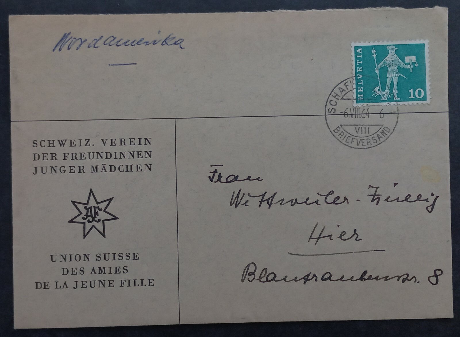 1964 Switzerland Ass. Friends of Girls Cover 10c Stamp cd Schaffhausen