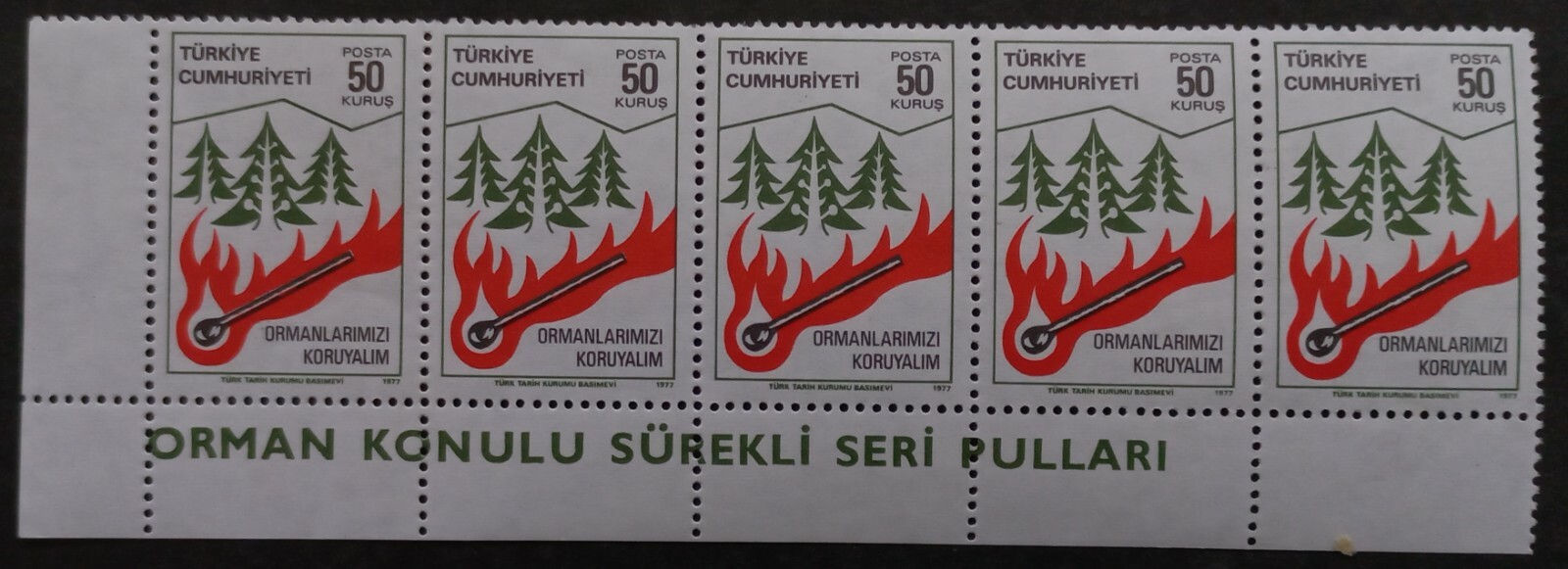 1977 Turkey strip of 5 x 50K Forest Conservation stamps MUH