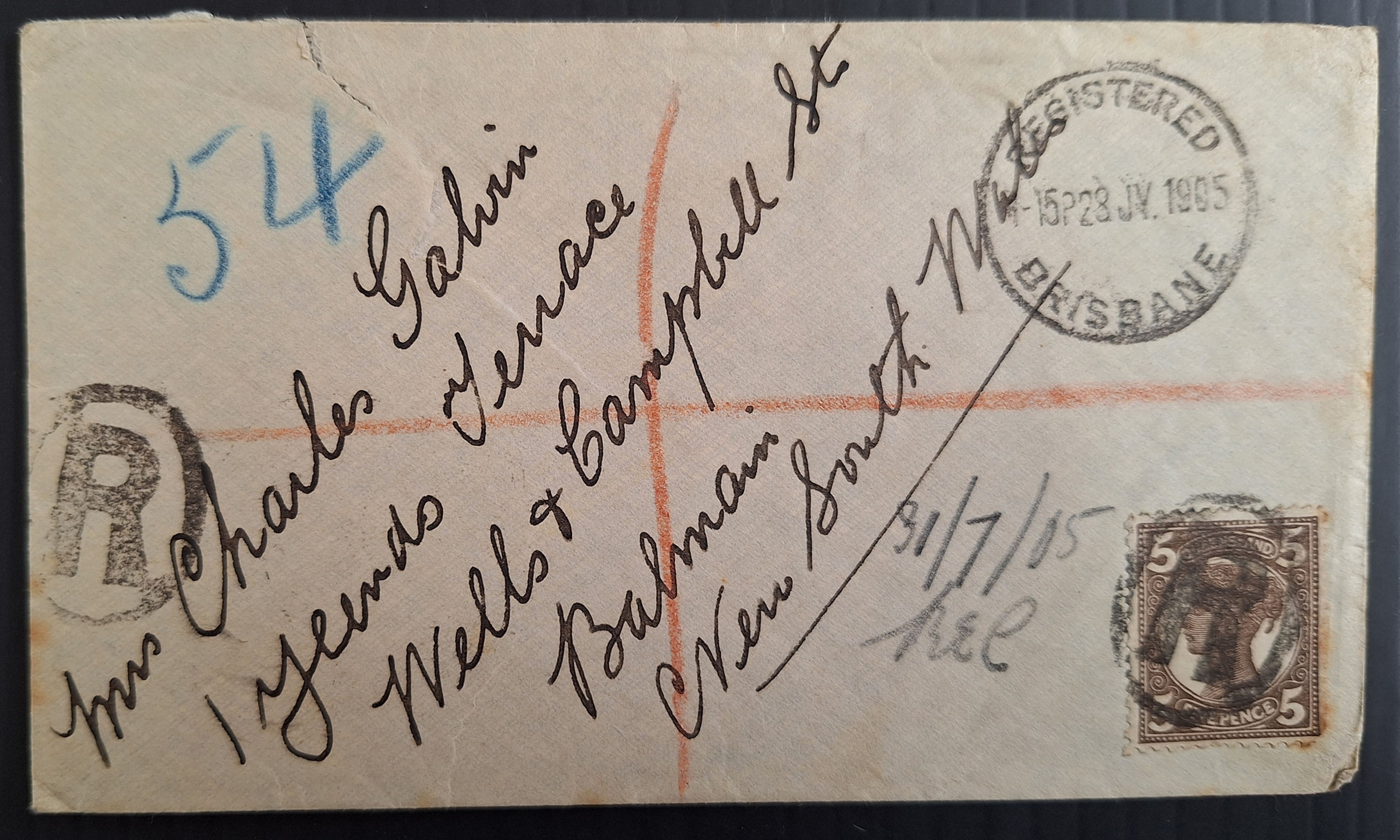 1905 Queensland Australia Cover ties 5d Bk Brn 4th S/face stamp Brisbane-Balmain