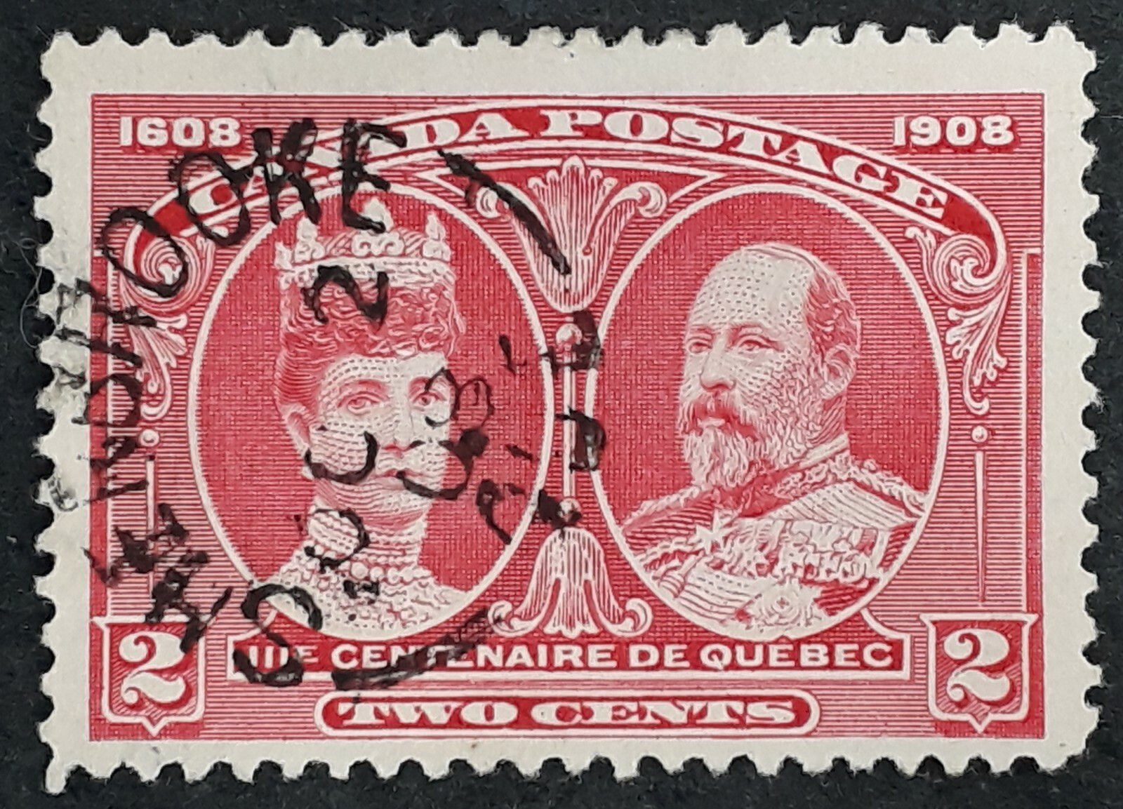 1908 Canada 2c carmine 300th Anniv Quebec stamp Sherbrooke cds