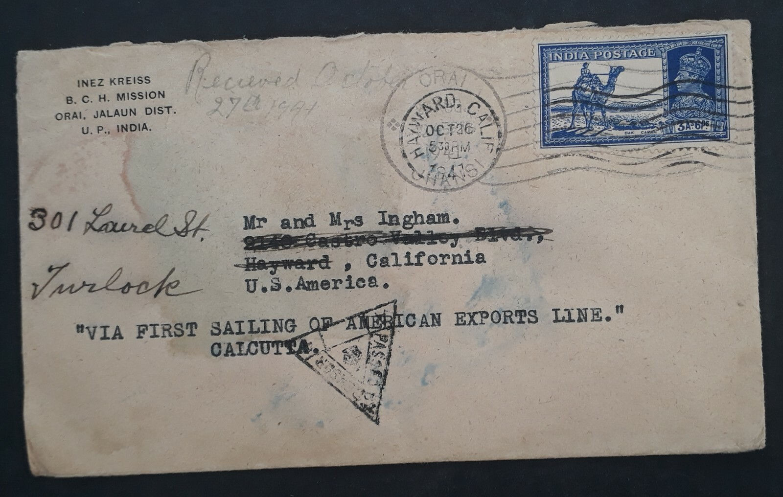 1941 India Censor 1st American Exports Voyage Cover ties 3A6P stamp canc Oran