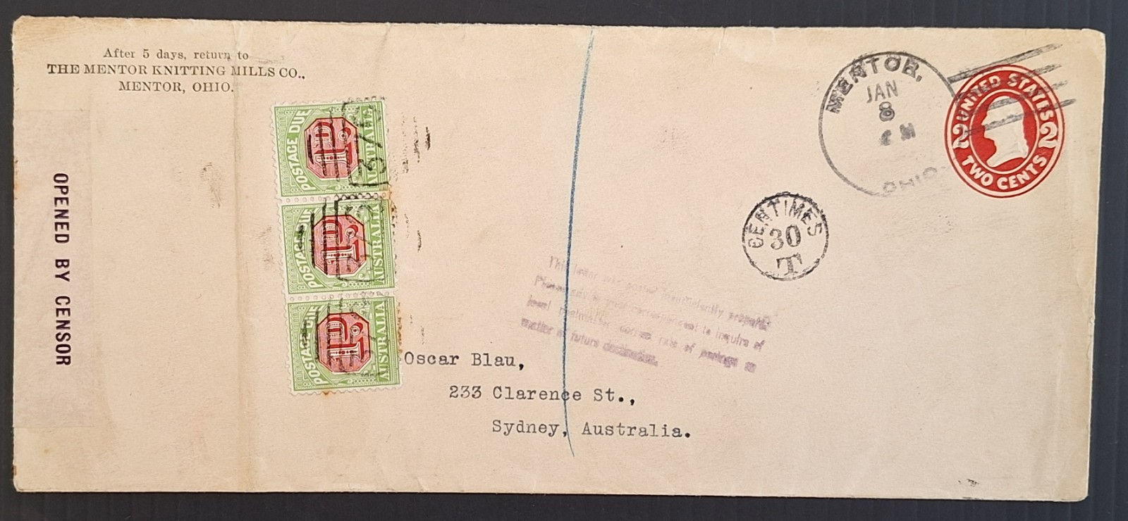 1915 Australia Incoming PrePrint 2c Censor cover from Ohio USA-Sydney Taxed 3d