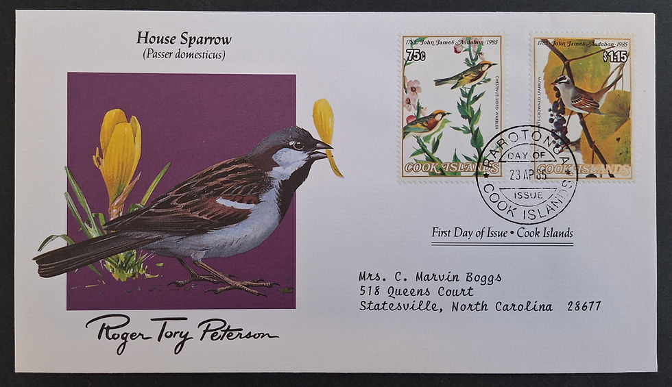 1985 Cook Islands Audubon Birds House Sparrow FDC ties 2 stamps cd Rarotonga