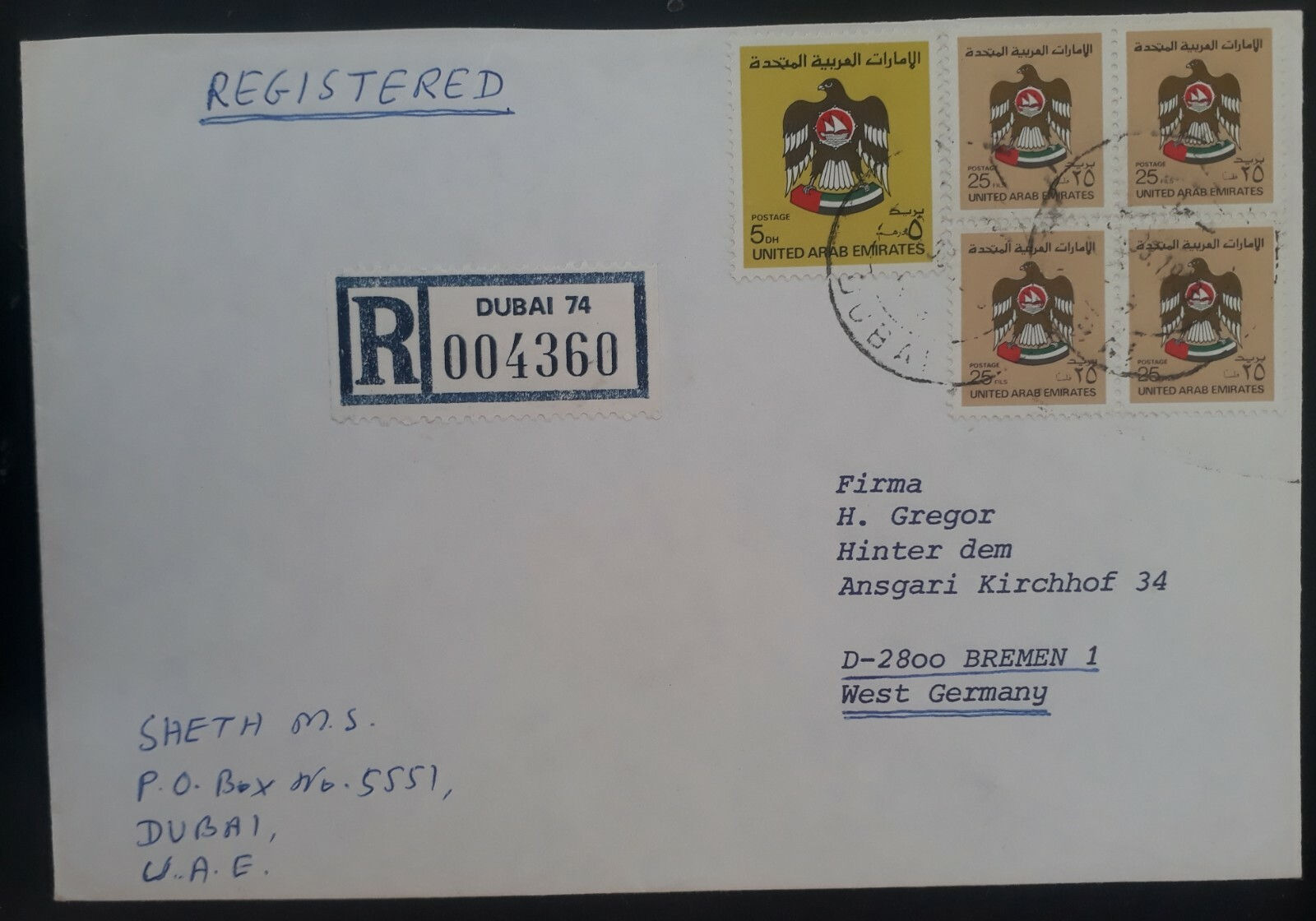 1983 United Arab Emirates Registd Cover ties 5 stamps canc Dubai to Germany