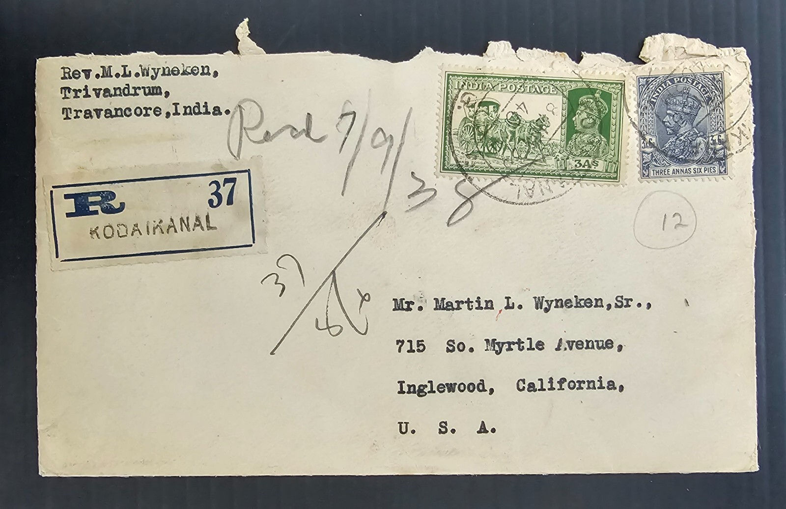 1938 India Registered Cover ties 2 stamps cd Kodaikanal-Inglewood