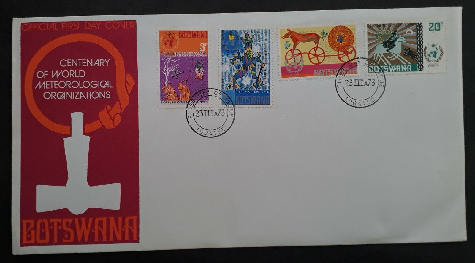 1973 Botswana IMO Norse Myths FDC ties 4 Stamps cd Lobaise