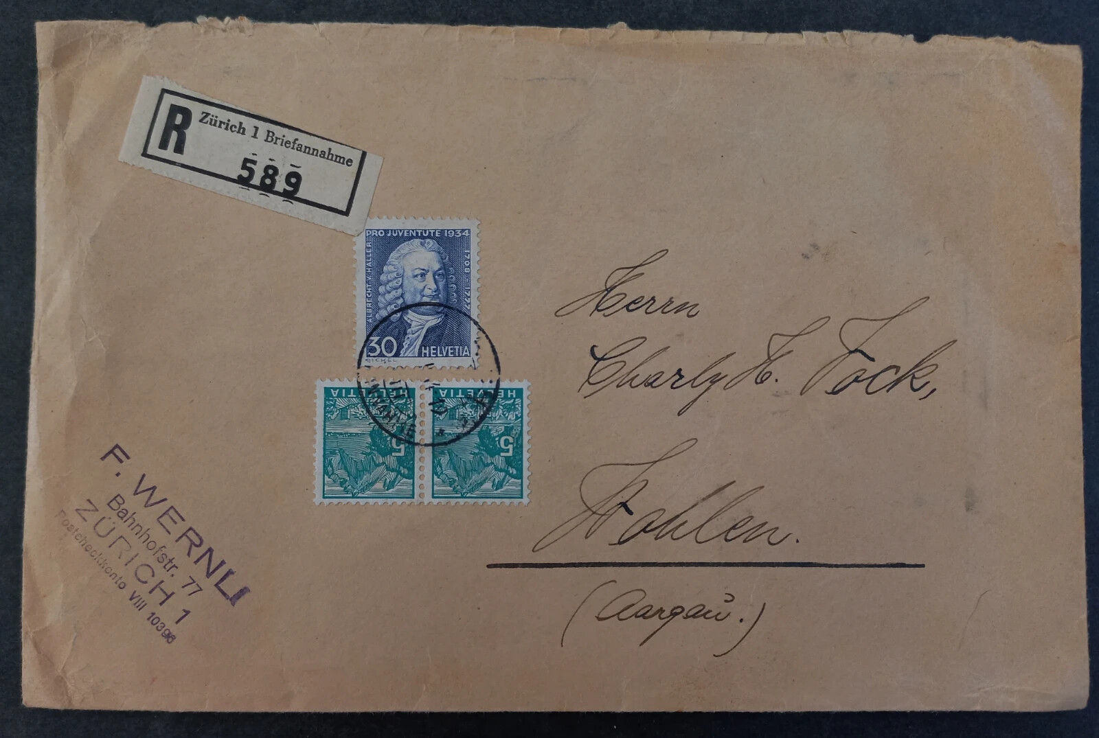 SCARCE 1934 Switzerland Registd Cover ties 3 stamps cancelled Zurich