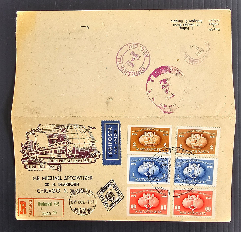 1949 Hungary UPU Anniv Reg FDC Folded Card 6 stamps cd Budapest-Chicago