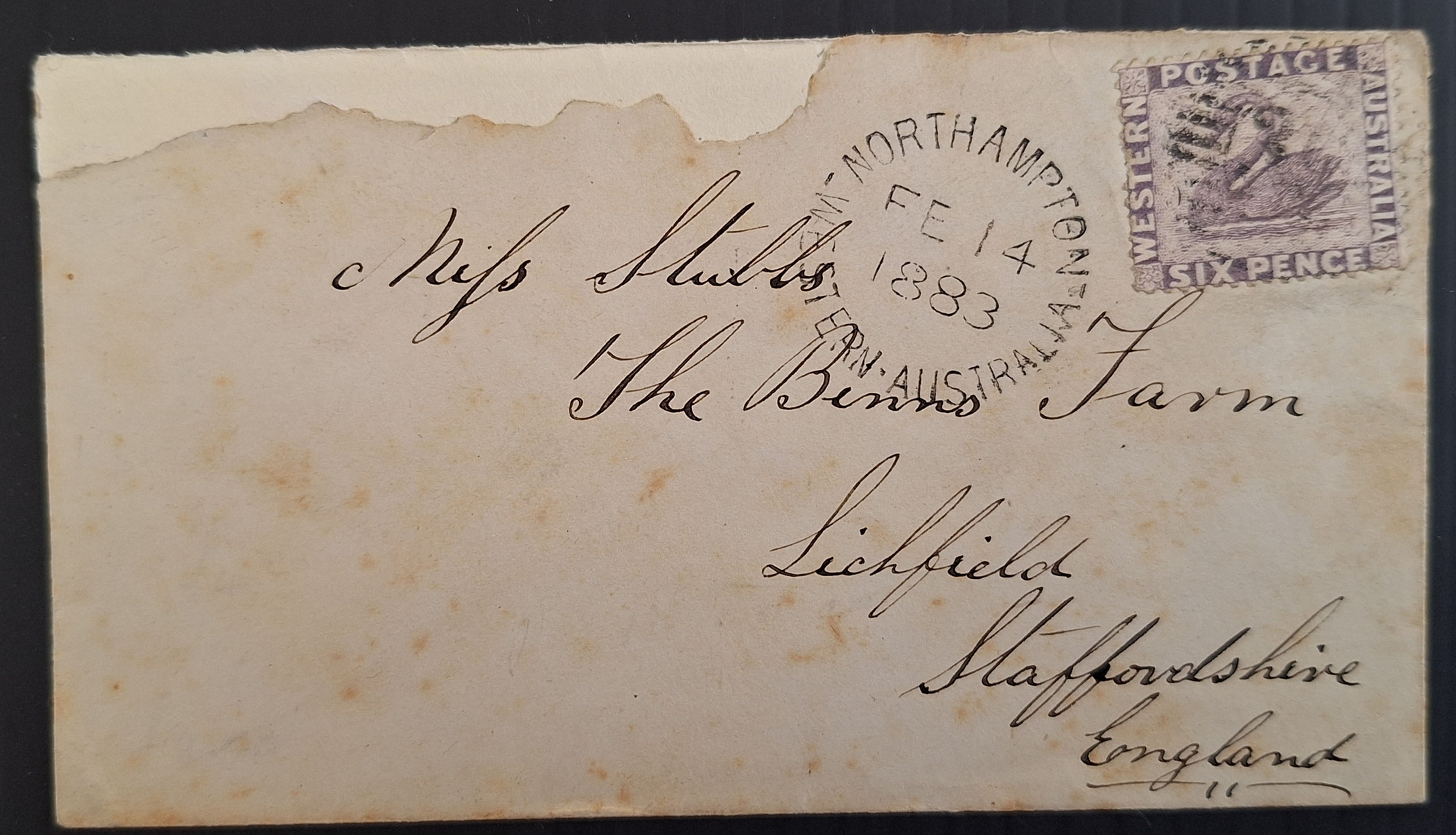 1883 Western Australia Cover NORTHAMPTON to UK ties 6d Reddish Lilac Swan stamp