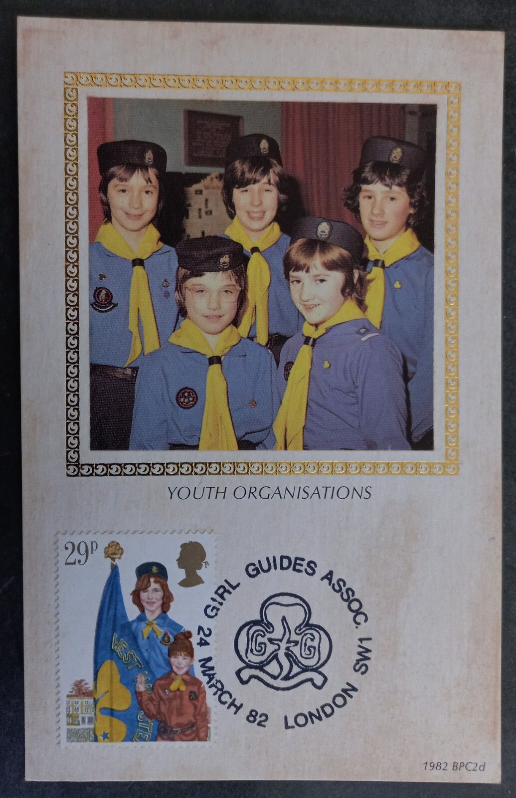 1982 Great Britain FDC Silk Postcard-Scouting 29p Stamp cd Girl Guides