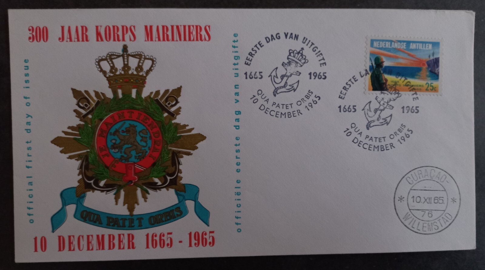 1965 Netherlands Antilles Marine Corps Anniv FDC ties 25c Stamp