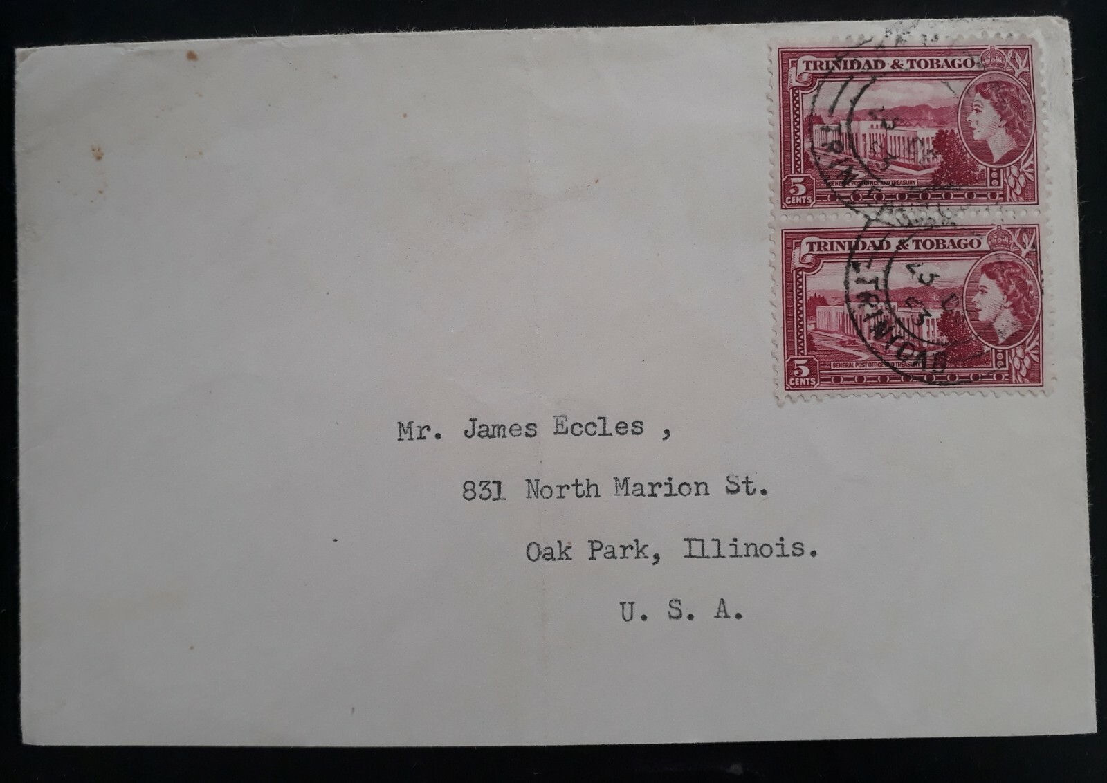 1953 Trinidad & Tobago Cover ties 2 x 5c GPO & Treasury stamps to USA