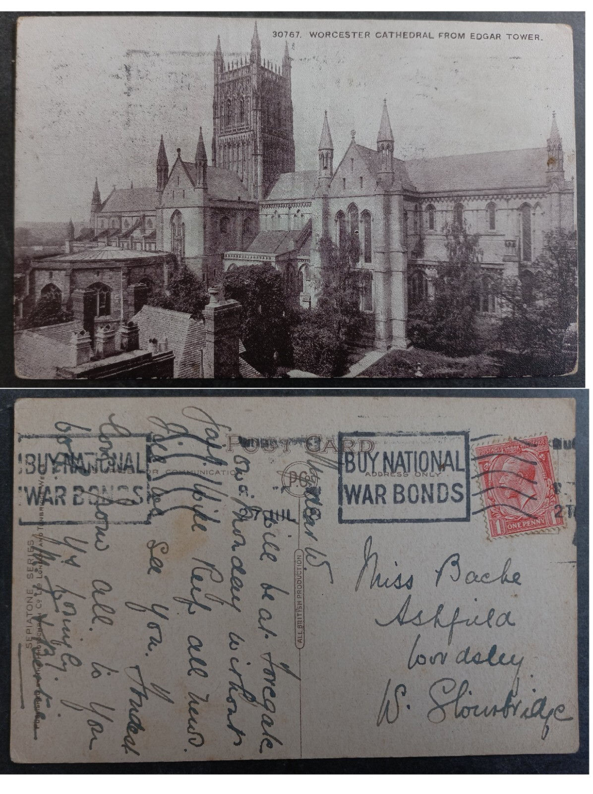 1918 Great Britain Postcard-Worcester Cathedral ties 1p Stamp to Ashfield