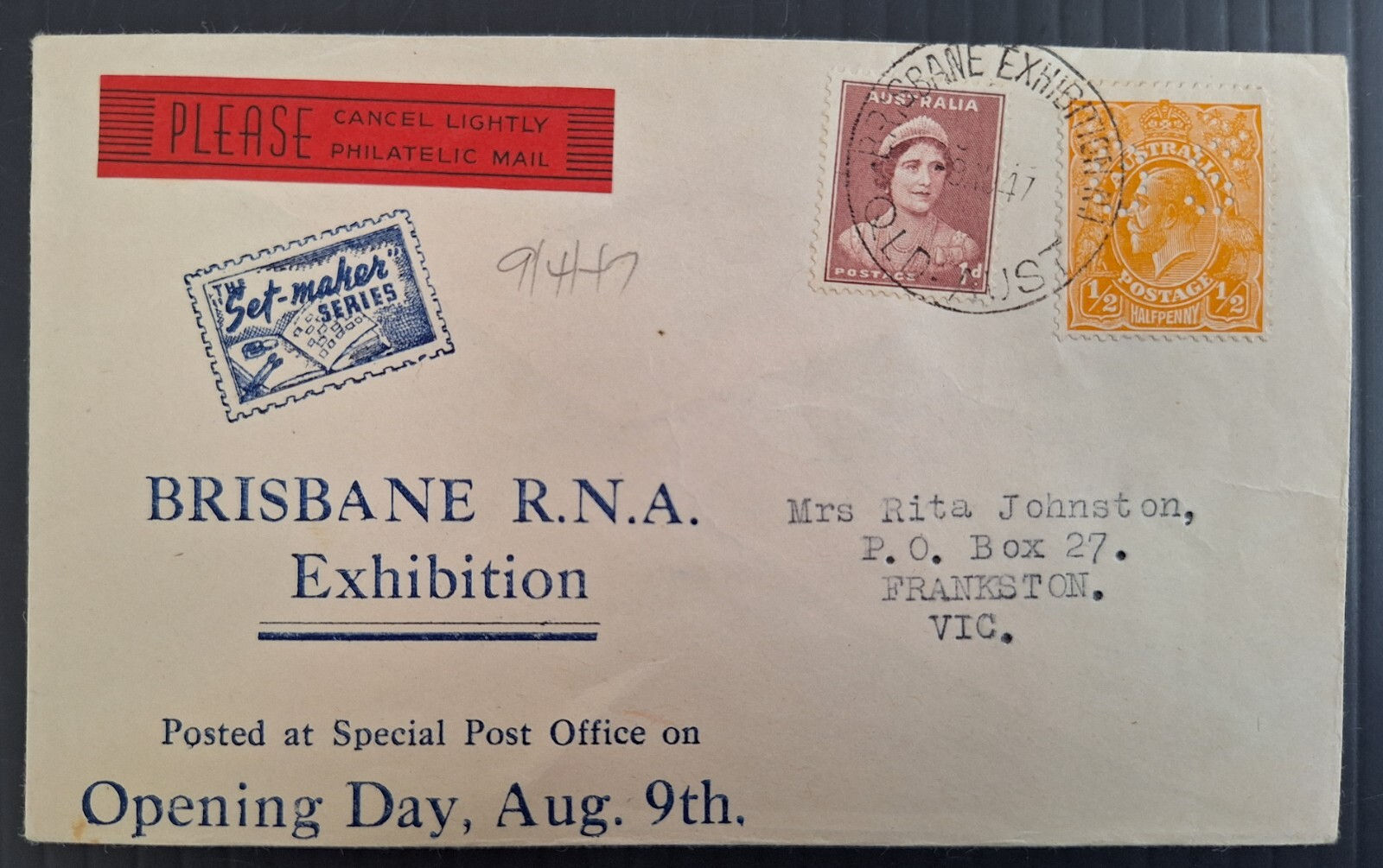1947 Australia BRISBANE R.N.A. Exhibition cover 1/2s orange KGV stamp OS perf