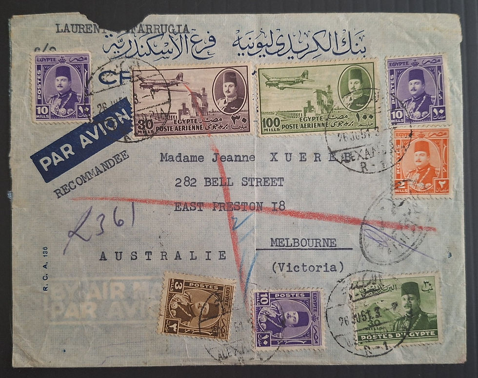 RARE 1951 Egypt Censor Cover ties 8 stamps Alexandria to Australia