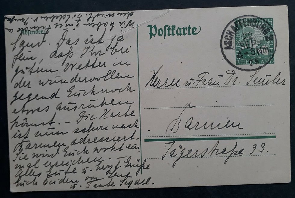 1925 Germany 5Pfg Stamped Postcard cd Aschaffenburg to Barmen