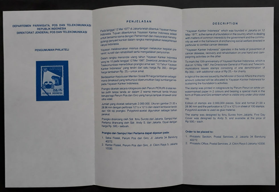 Thumbnail: 1987 Indonesia Cancer Foundation Anniv FDC ties 375R Stamp cd Jakarta