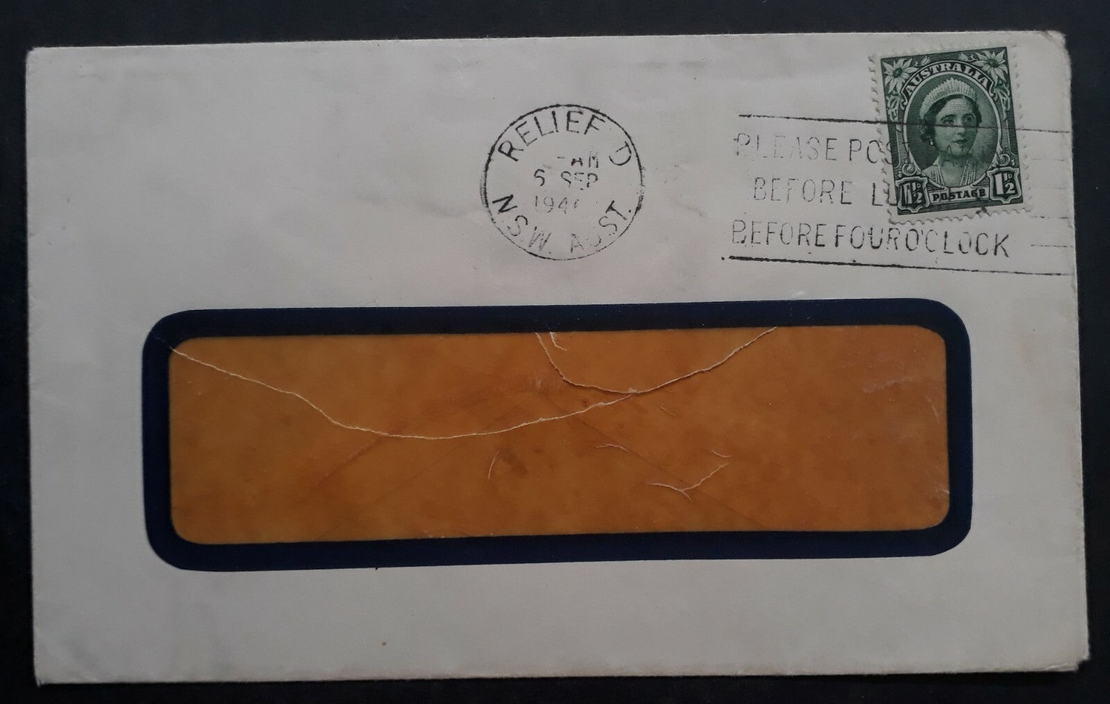 1946 Australia 1 1/2d Green Queen Elizabeth stamp on Window Cover RELIEF D