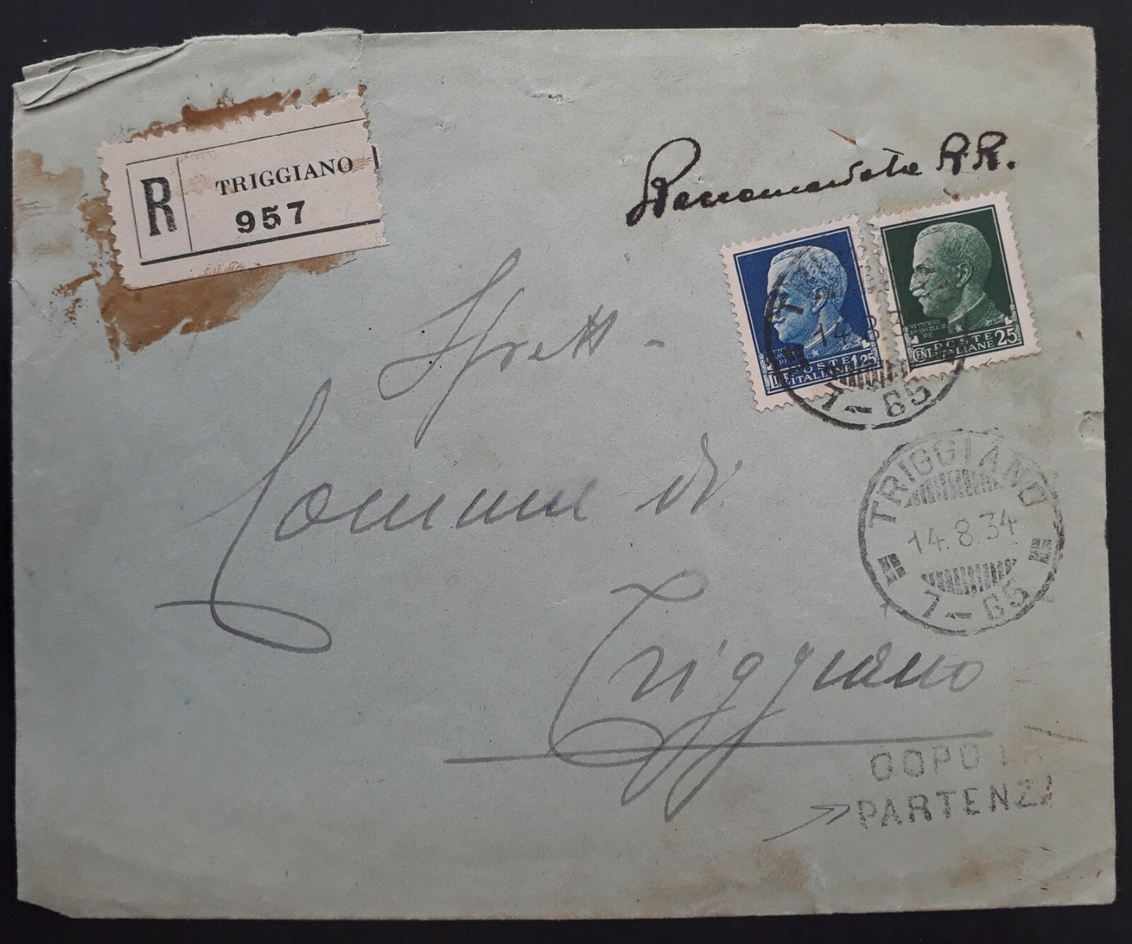 VERY RARE 1934 Italy Registd Cover ties 2 stamps to Triggiano "Dopo la Partenza"